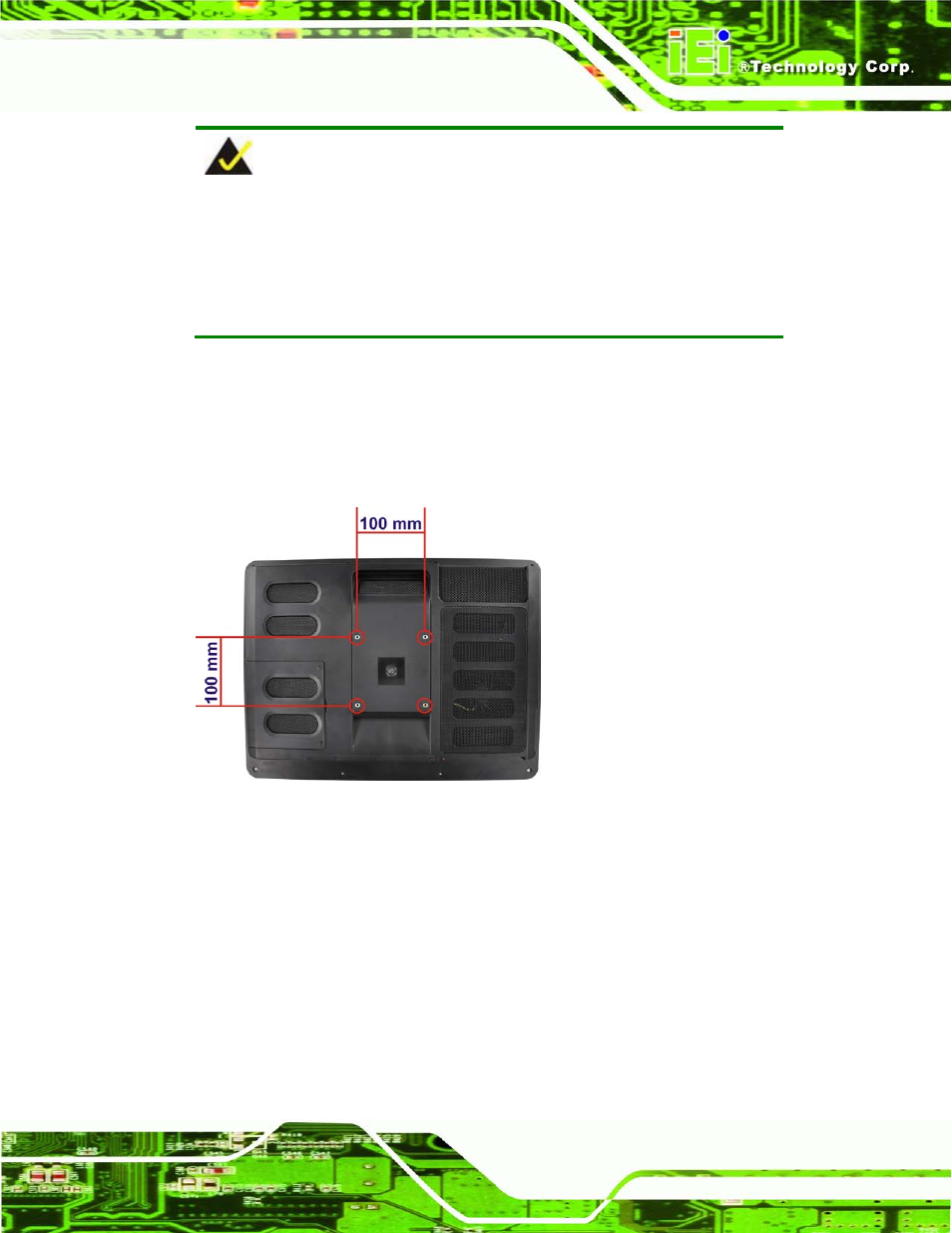 14 external peripheral device connection, Xternal, Eripheral | Evice, Onnection, Figure 5-21: arm mounting retention screw holes | IEI Integration AFL2-17A-H61 v1.11 User Manual | Page 84 / 275