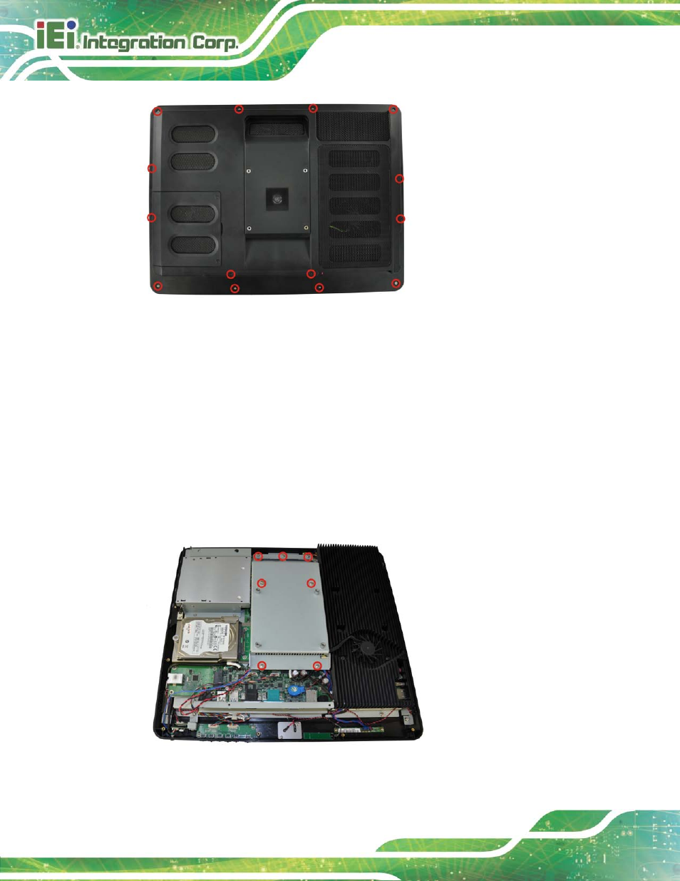 2 removing the internal aluminum cover, Figure 7-1: back cover retention screws, Figure 7-2: internal cover retention screws | Figure | IEI Integration AFL2-17A-H61 v1.23 User Manual | Page 138 / 278