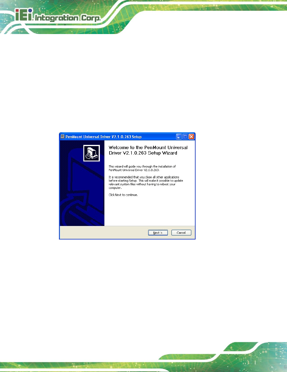 5 touch screen driver, Ouch, Creen | River, Figure 9-15: touch screen driver welcome screen | IEI Integration AFL2-17A-H61 v1.23 User Manual | Page 192 / 278