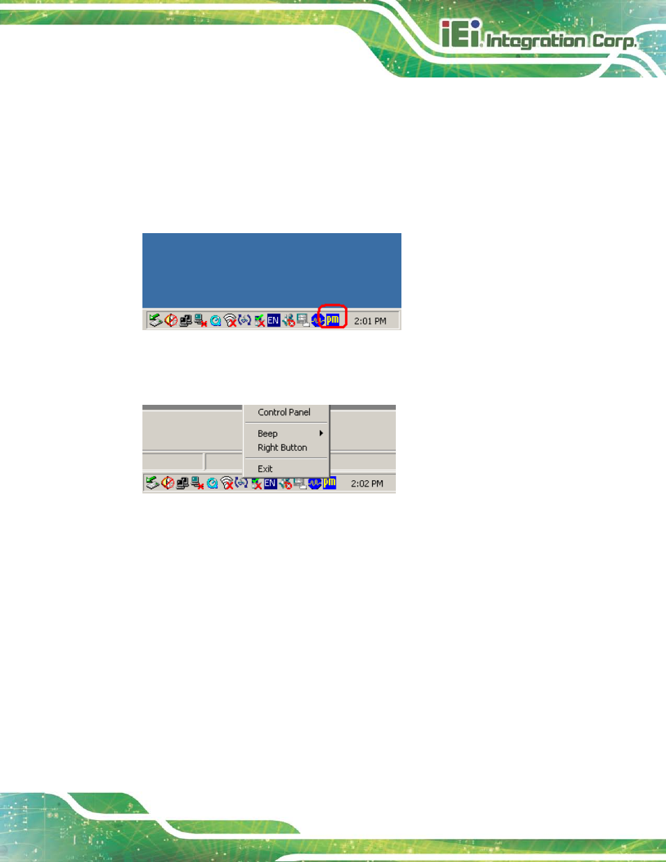 1 calibrating the touch screen, Figure 9-20: penmount monitor icon, Figure 9-21: penmount monitor popup menu | IEI Integration AFL2-17A-H61 v1.23 User Manual | Page 195 / 278