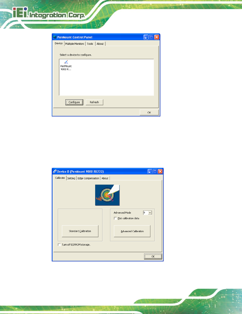 Figure 9-22: configuration screen, Figure 9-23: calibration initiation screen | IEI Integration AFL2-17A-H61 v1.23 User Manual | Page 196 / 278