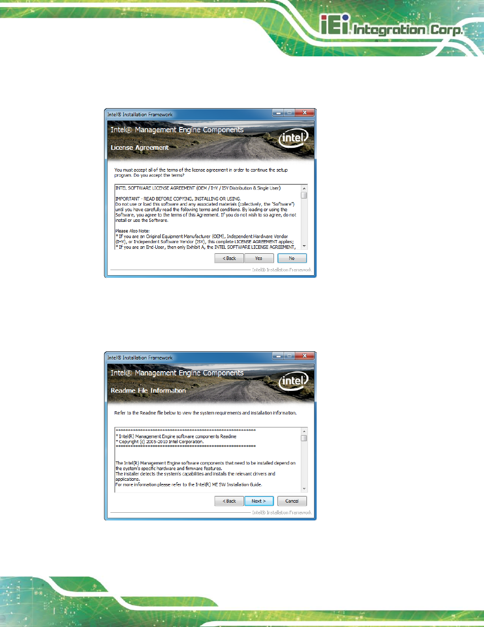Figure 9-33: intel® me driver license agreement, Figure 9-34: intel® me driver read me file, N figure 9-33 | IEI Integration AFL2-17A-H61 v1.23 User Manual | Page 203 / 278