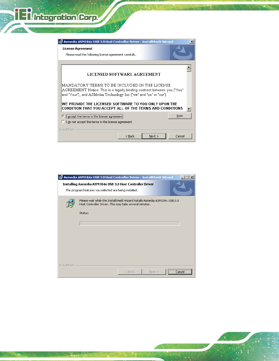 Figure 9-38: usb 3.0 driver license agreement, Figure 9-39: usb 3.0 driver installation | IEI Integration AFL2-17A-H61 v1.23 User Manual | Page 206 / 278