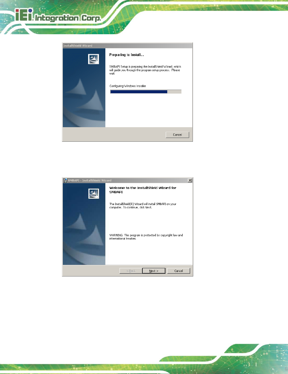 Figure 9-47: the installshield wizard starts, Figure 9-48: welcome screen | IEI Integration AFL2-17A-H61 v1.23 User Manual | Page 212 / 278