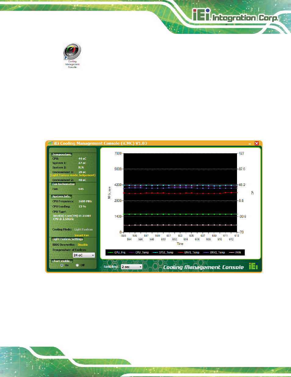 2 icmc overview, 1 information panel, Verview | Figure 10-6: cooling management console icon, Figure 10-7: icmc, 2 icmc ove rvie w | IEI Integration AFL2-17A-H61 v1.23 User Manual | Page 221 / 278