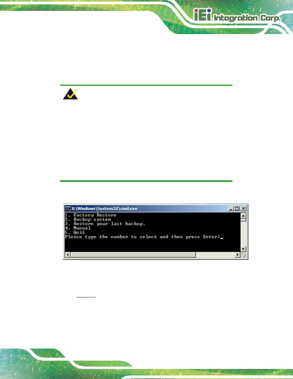 C.1 one key recovery introduction, Ecovery, Ntroduction | Figure c-1: iei one key recovery tool menu | IEI Integration AFL2-17A-H61 v1.23 User Manual | Page 235 / 278