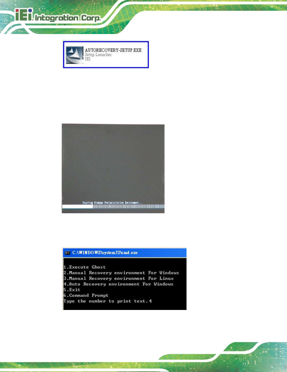 Figure c-22: auto recovery utility, Figure c-23: launching the recovery tool, Figure c-24: auto recovery environment for windows | IEI Integration AFL2-17A-H61 v1.23 User Manual | Page 252 / 278
