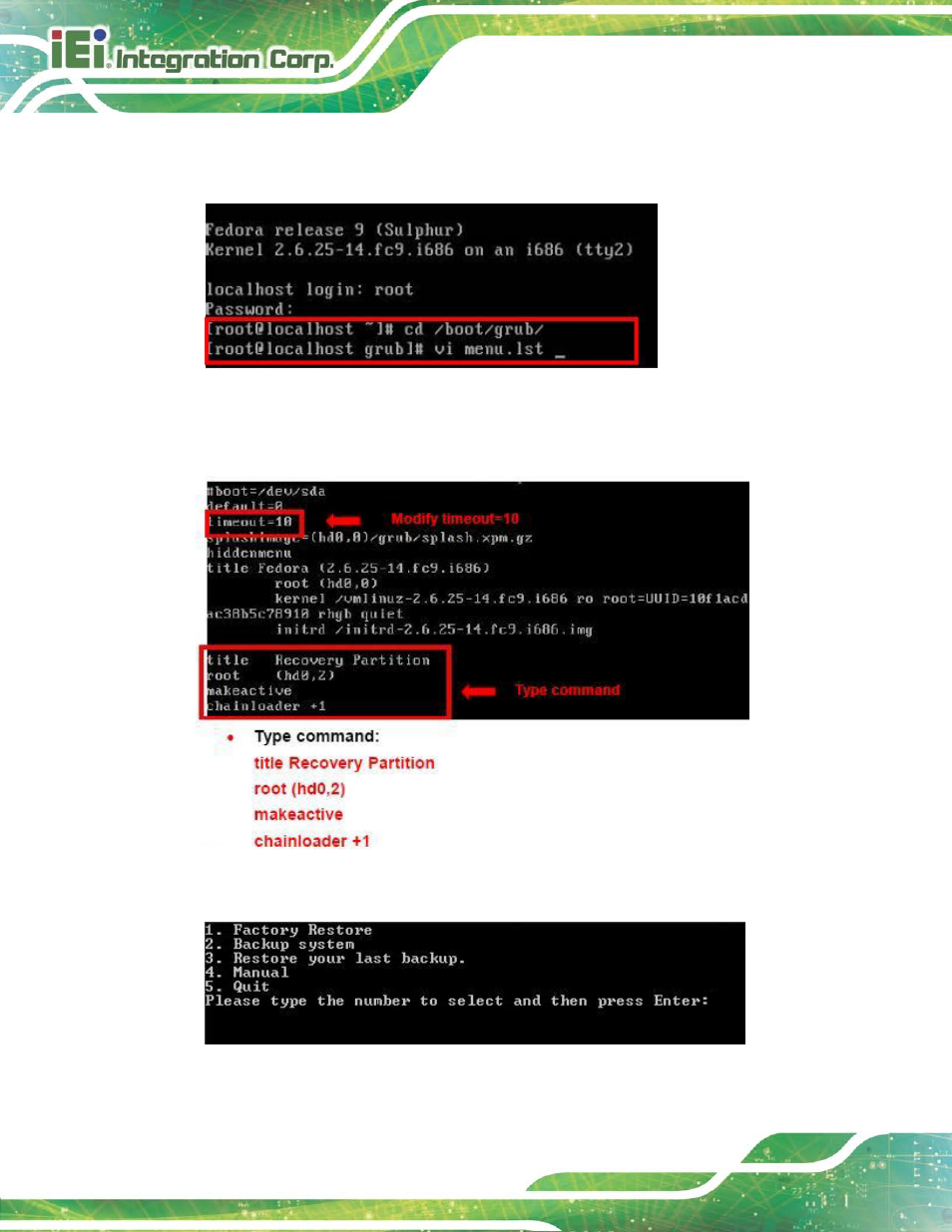 Figure c-31: access menu.lst in linux (text mode), Figure c-32: recovery tool menu | IEI Integration AFL2-17A-H61 v1.23 User Manual | Page 258 / 278