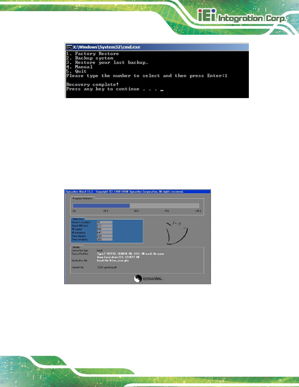 C.5.2 backup system, Figure c-35: recovery complete window, Figure c-36: backup system | IEI Integration AFL2-17A-H61 v1.23 User Manual | Page 261 / 278