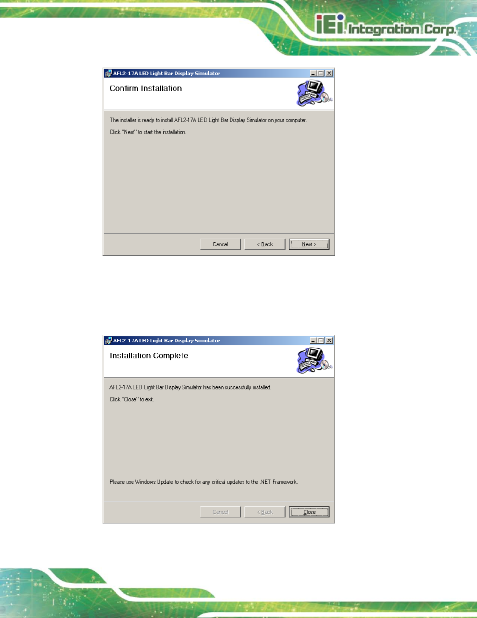 Figure 2-3: confirm installation screen, Figure 2-4: installation complete | IEI Integration AFL2-17A-H61 v1.23 User Manual | Page 37 / 278