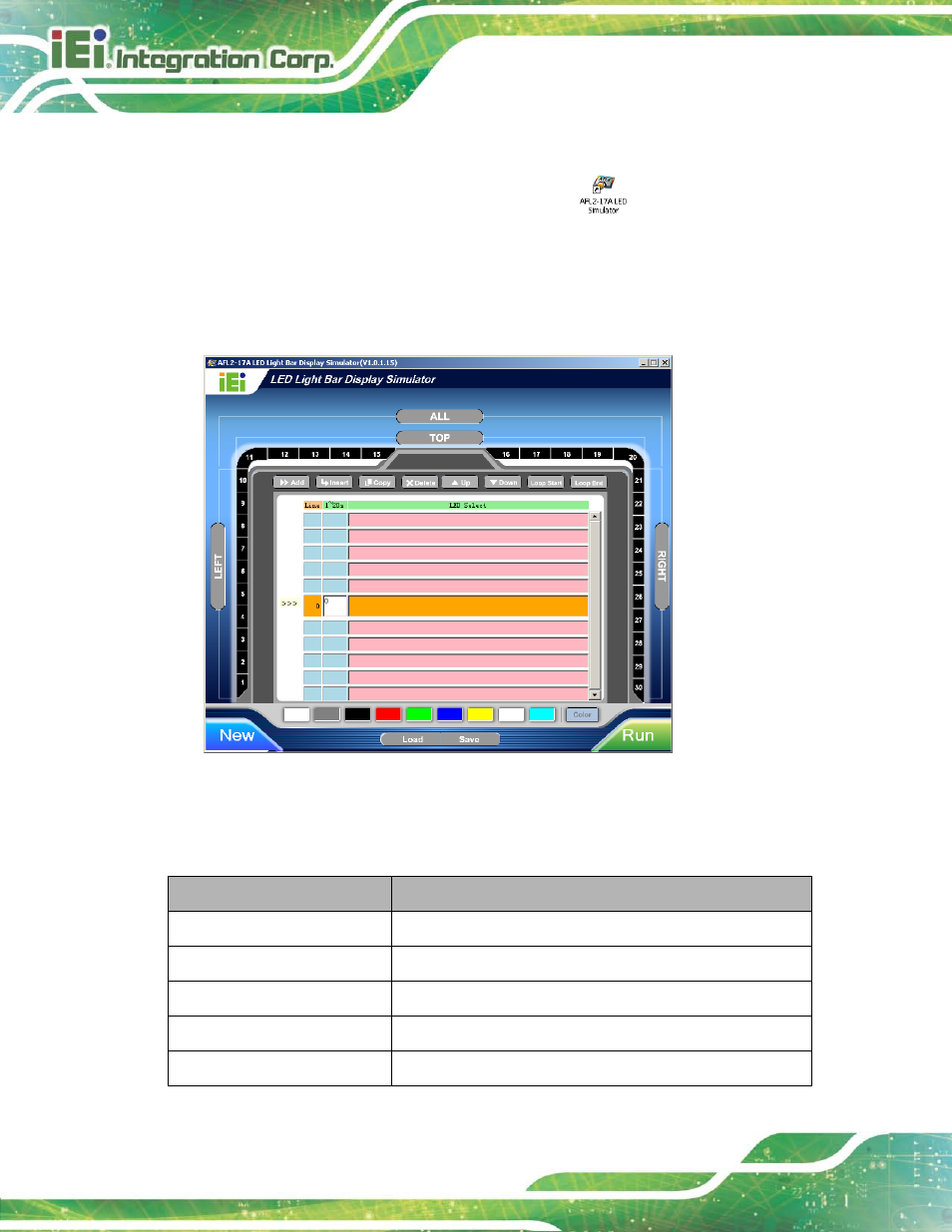 Figure 2-5: iei led light bar display simulator | IEI Integration AFL2-17A-H61 v1.23 User Manual | Page 38 / 278