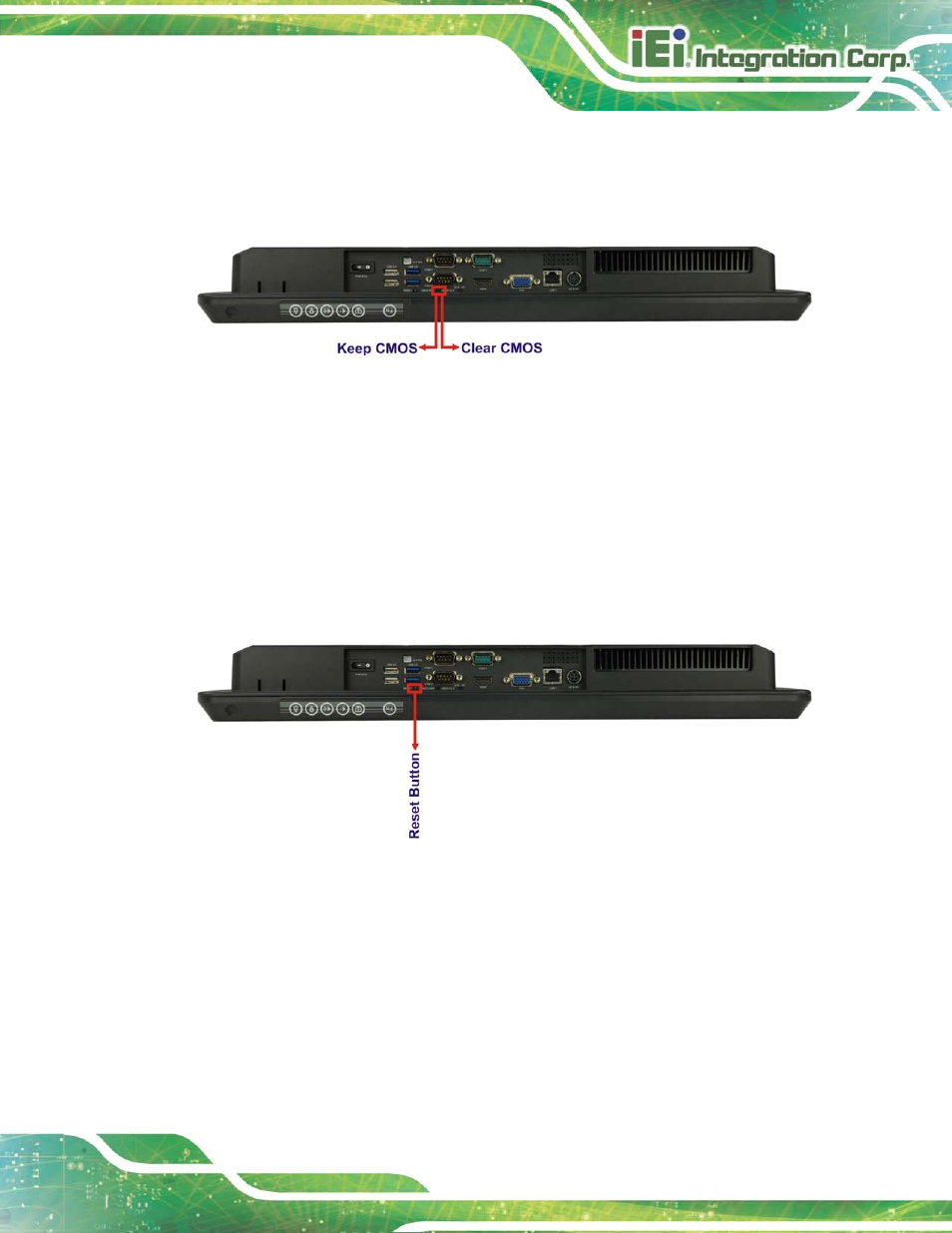 10 reset the system, 11 powering on the system, Eset the | Ystem, Owering, N the, Figure 5-14: clear cmos switch location, Figure 5-15: reset button location, 11 p o we rin g on th e s ys te m | IEI Integration AFL2-17A-H61 v1.23 User Manual | Page 79 / 278