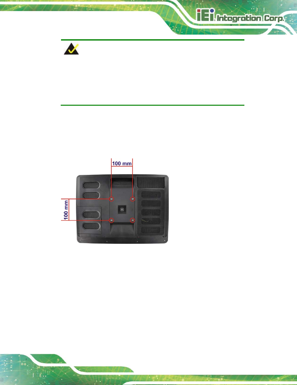 14 external peripheral device connection, Xternal, Eripheral | Evice, Onnection, Figure 5-22: arm mounting retention screw holes | IEI Integration AFL2-17A-H61 v1.23 User Manual | Page 87 / 278