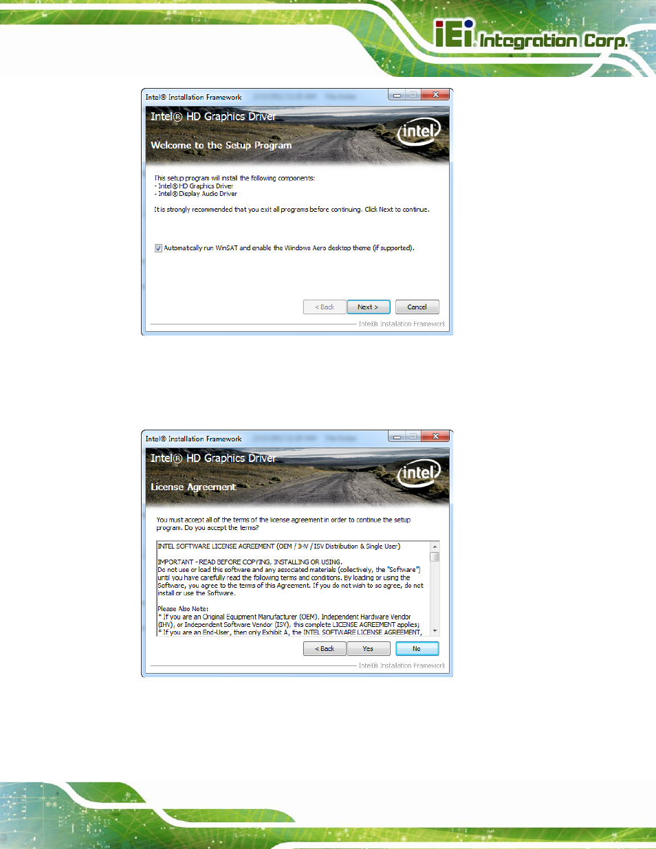 Figure 5-10: graphics driver welcome screen, Figure 5-11: graphics driver license agreement | IEI Integration AFL2-W15B-H61 User Manual | Page 111 / 219