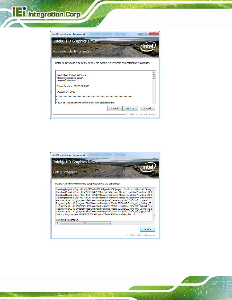 Figure 5-12: graphics driver read me file, Figure 5-13: graphics driver setup operations | IEI Integration AFL2-W15B-H61 User Manual | Page 112 / 219