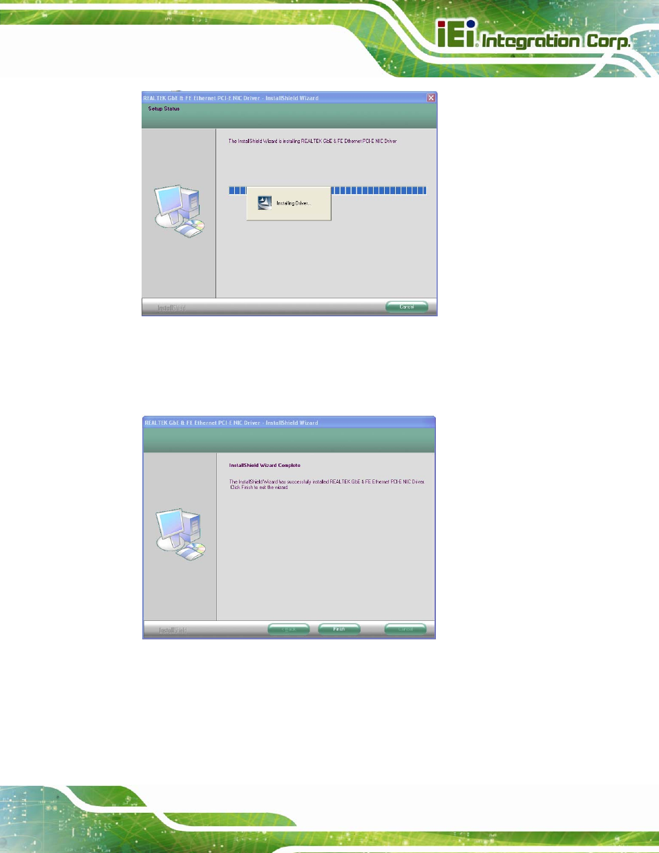 6 audio driver installation, Udio, River | Nstallation, Figure 5-17: lan driver setup status screen, Figure 5-18: lan driver installation complete | IEI Integration AFL2-W15B-H61 User Manual | Page 115 / 219