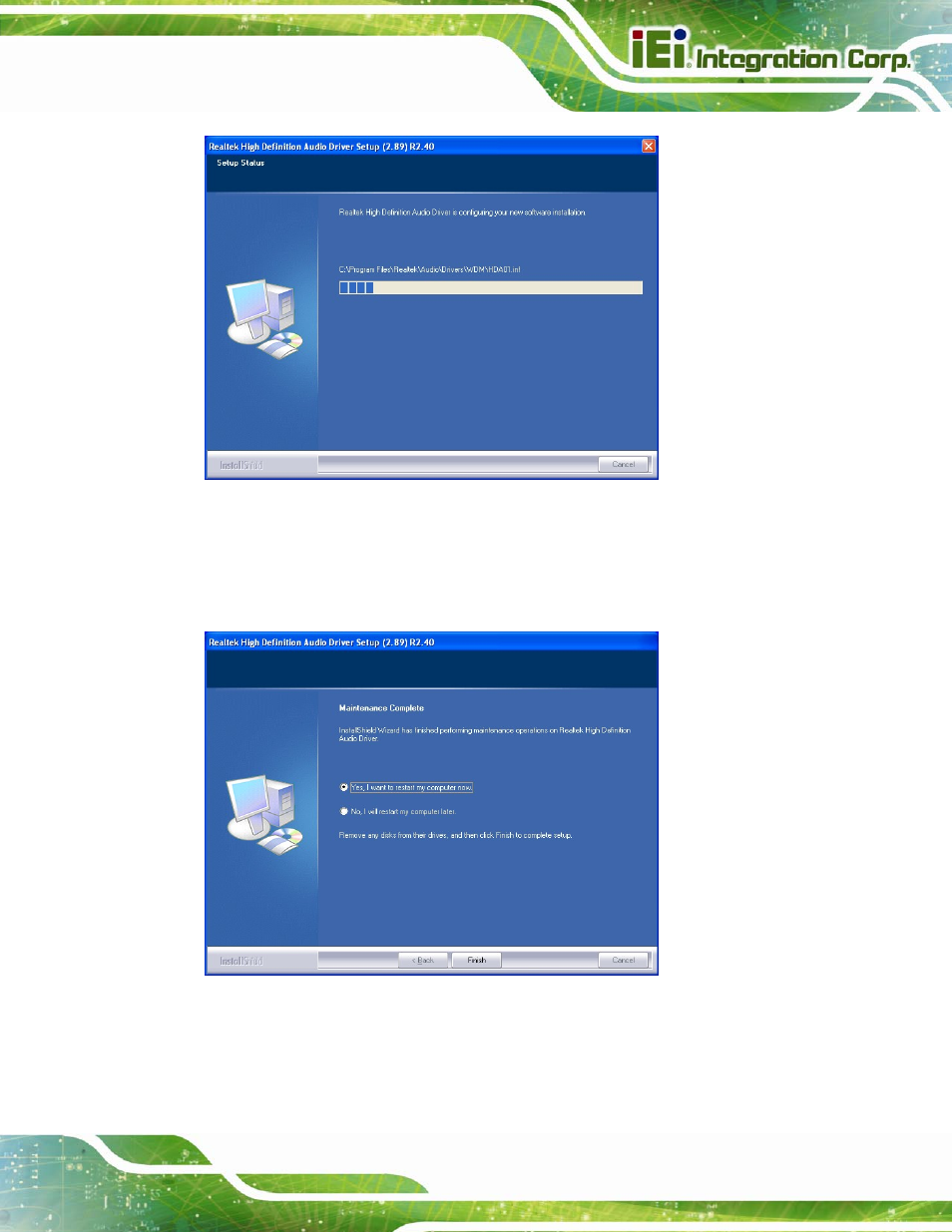 Figure 5-20: audio driver installation, Figure 5-21: audio driver installation complete | IEI Integration AFL2-W15B-H61 User Manual | Page 117 / 219