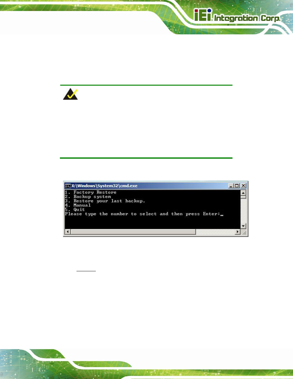 C.1 one key recovery introduction, Ecovery, Ntroduction | Figure c-1: iei one key recovery tool menu | IEI Integration AFL2-W15B-H61 User Manual | Page 175 / 219