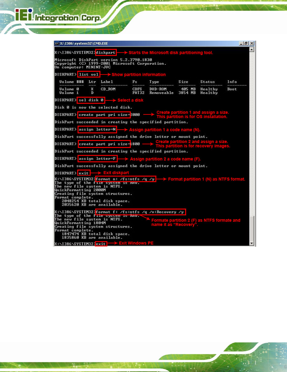 Figure c-5: partition creation commands | IEI Integration AFL2-W15B-H61 User Manual | Page 182 / 219