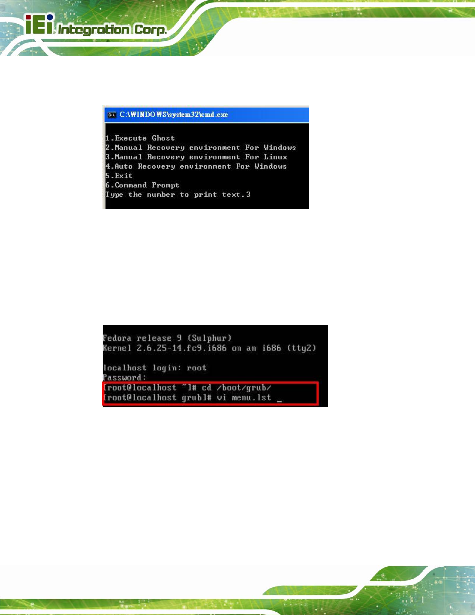Figure c-31: manual recovery environment for linux, Figure c-32: access menu.lst in linux (text mode) | IEI Integration AFL2-W15B-H61 User Manual | Page 198 / 219