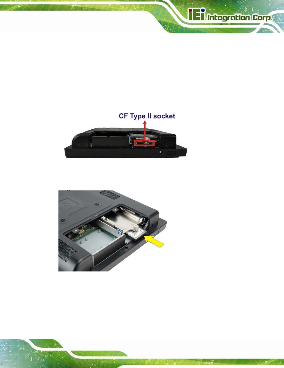 5 cf card installation, Nstallation, Figure 3-5: cf card location | Figure 3-6: insert cf card | IEI Integration AFL2-W15B-H61 User Manual | Page 43 / 219