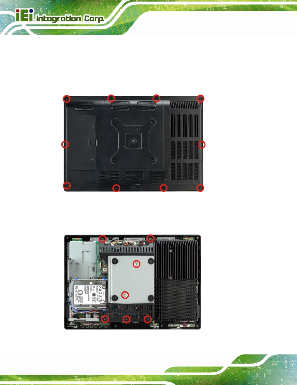 6 rfid reader installation (optional), Rfid, Eader | Nstallation, Ptional, Figure 3-7: back cover retention screws, Figure 3-8: internal cover retention screws | IEI Integration AFL2-W15B-H61 User Manual | Page 44 / 219