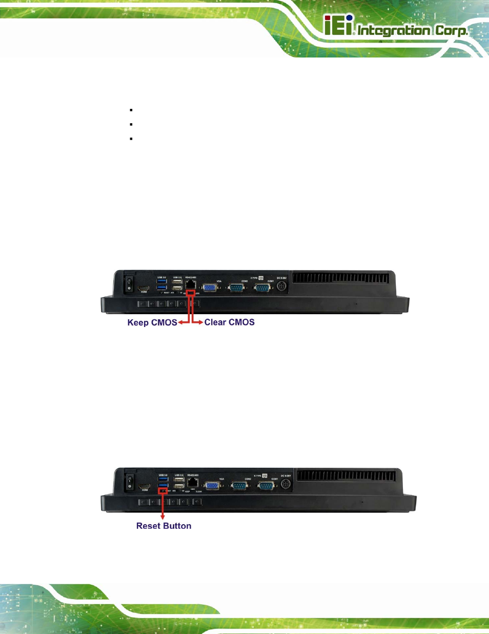 8 clear cmos, 9 reset the system, Lear | Cmos, Eset the, Ystem, Figure 3-12: clear cmos switch location, Figure 3-13: reset button location | IEI Integration AFL2-W15B-H61 User Manual | Page 47 / 219