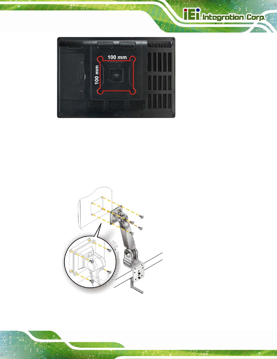 Figure 3-22: arm mounting retention screw holes, Figure 3-23: arm mounting (arm-11-rs) | IEI Integration AFL2-W15B-H61 User Manual | Page 57 / 219