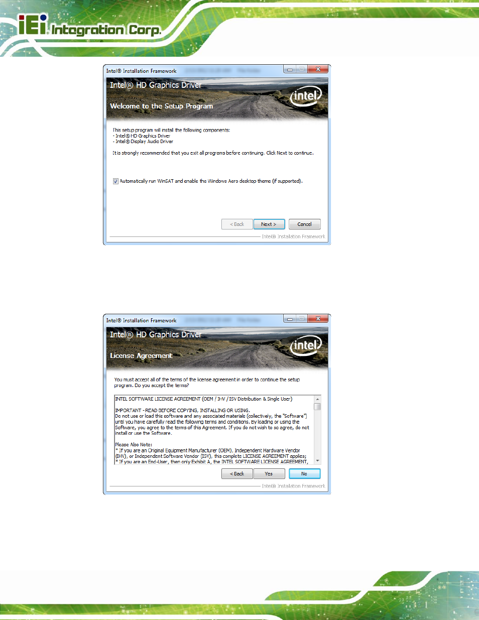 Figure 5-10: graphics driver welcome screen, Figure 5-11: graphics driver license agreement | IEI Integration AFL2-15A-H61 User Manual | Page 105 / 213