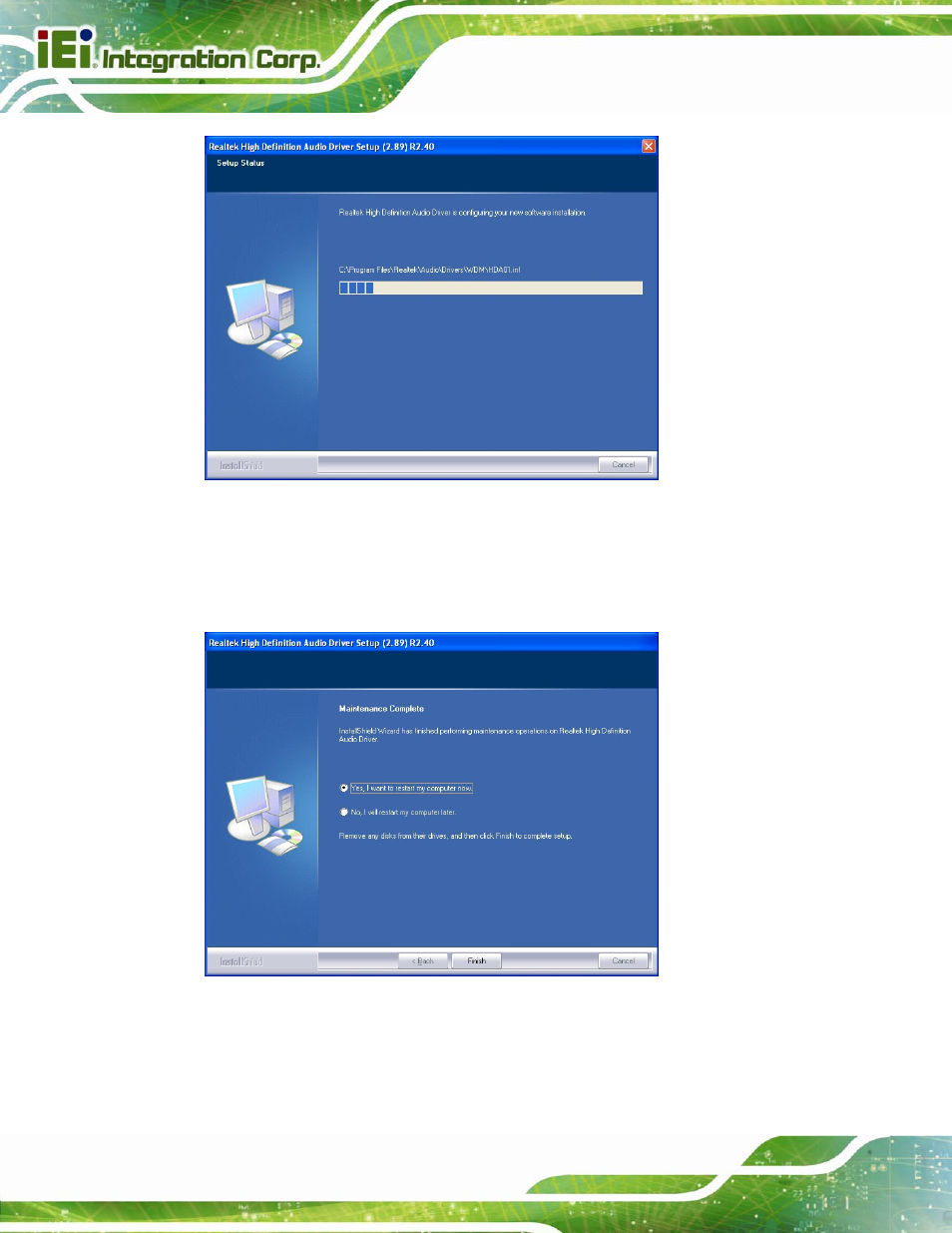 Figure 5-20: audio driver installation, Figure 5-21: audio driver installation complete | IEI Integration AFL2-15A-H61 User Manual | Page 111 / 213