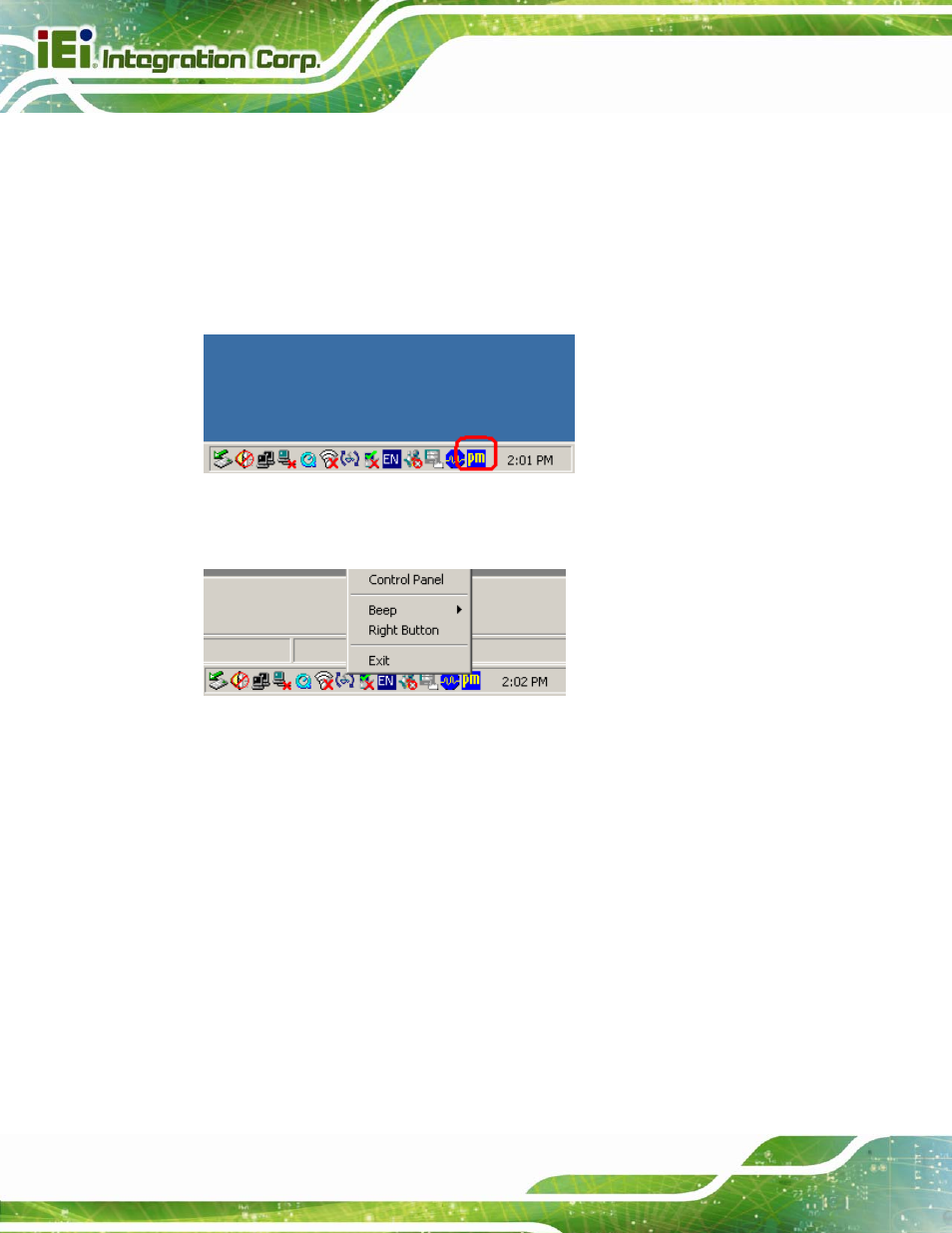 1 calibrating the touch screen, Figure 5-27: penmount monitor icon, Figure 5-28: penmount monitor popup menu | IEI Integration AFL2-15A-H61 User Manual | Page 115 / 213