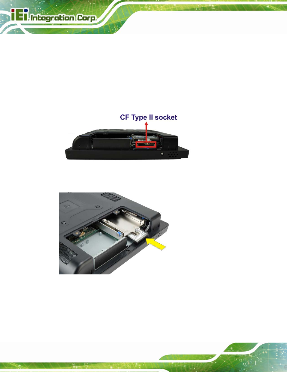 5 cf card installation, Nstallation, Figure 3-5: cf card location | Figure 3-6: insert cf card | IEI Integration AFL2-15A-H61 User Manual | Page 41 / 213