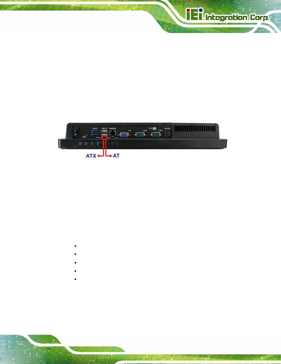7 at/atx mode selection, 1 at power mode, 2 atx power mode | At/atx, Election, Figure 3-11: at/atx switch location | IEI Integration AFL2-15A-H61 User Manual | Page 44 / 213
