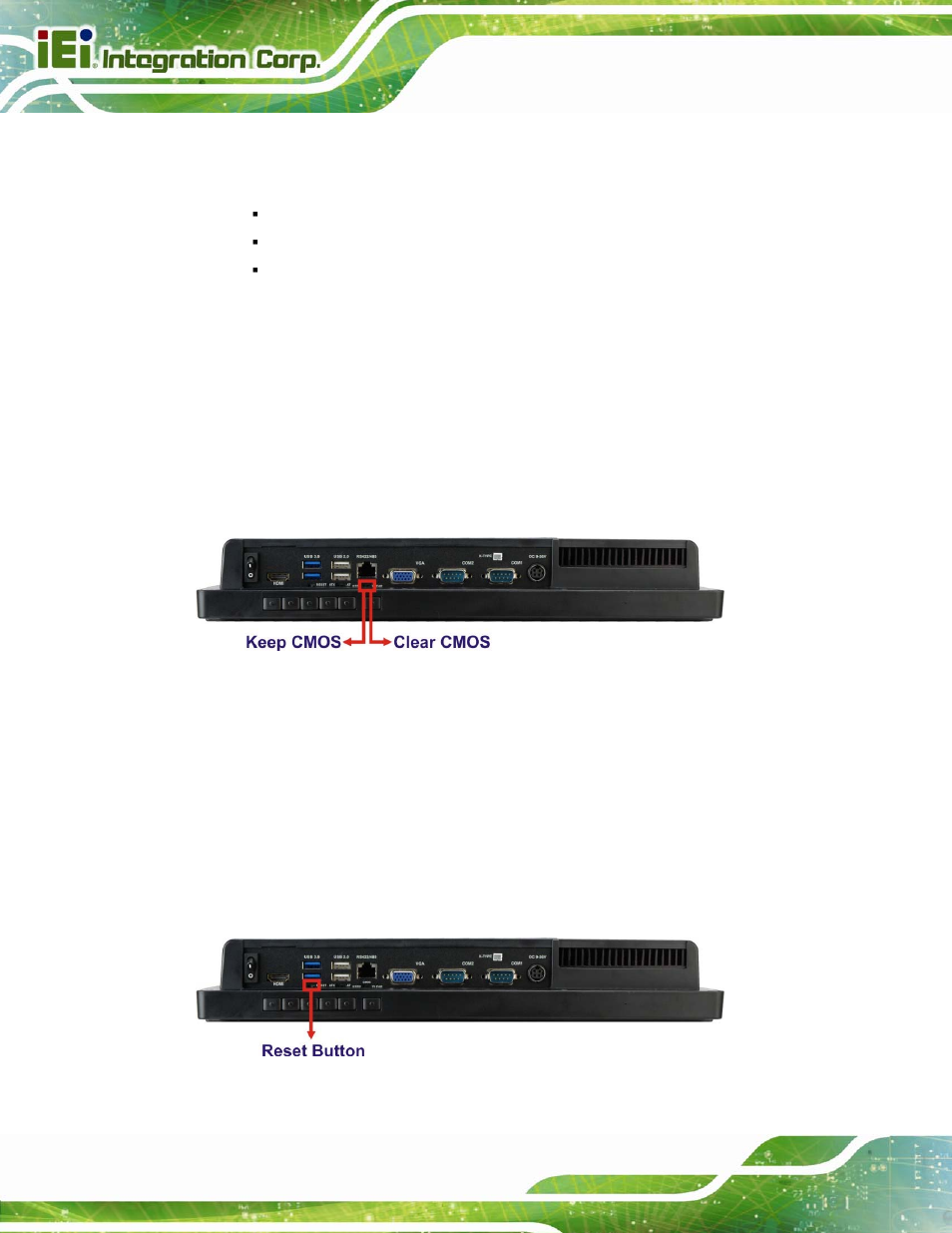 8 clear cmos, 9 reset the system, Lear | Cmos, Eset the, Ystem, Figure 3-12: clear cmos switch location, Figure 3-13: reset button location | IEI Integration AFL2-15A-H61 User Manual | Page 45 / 213