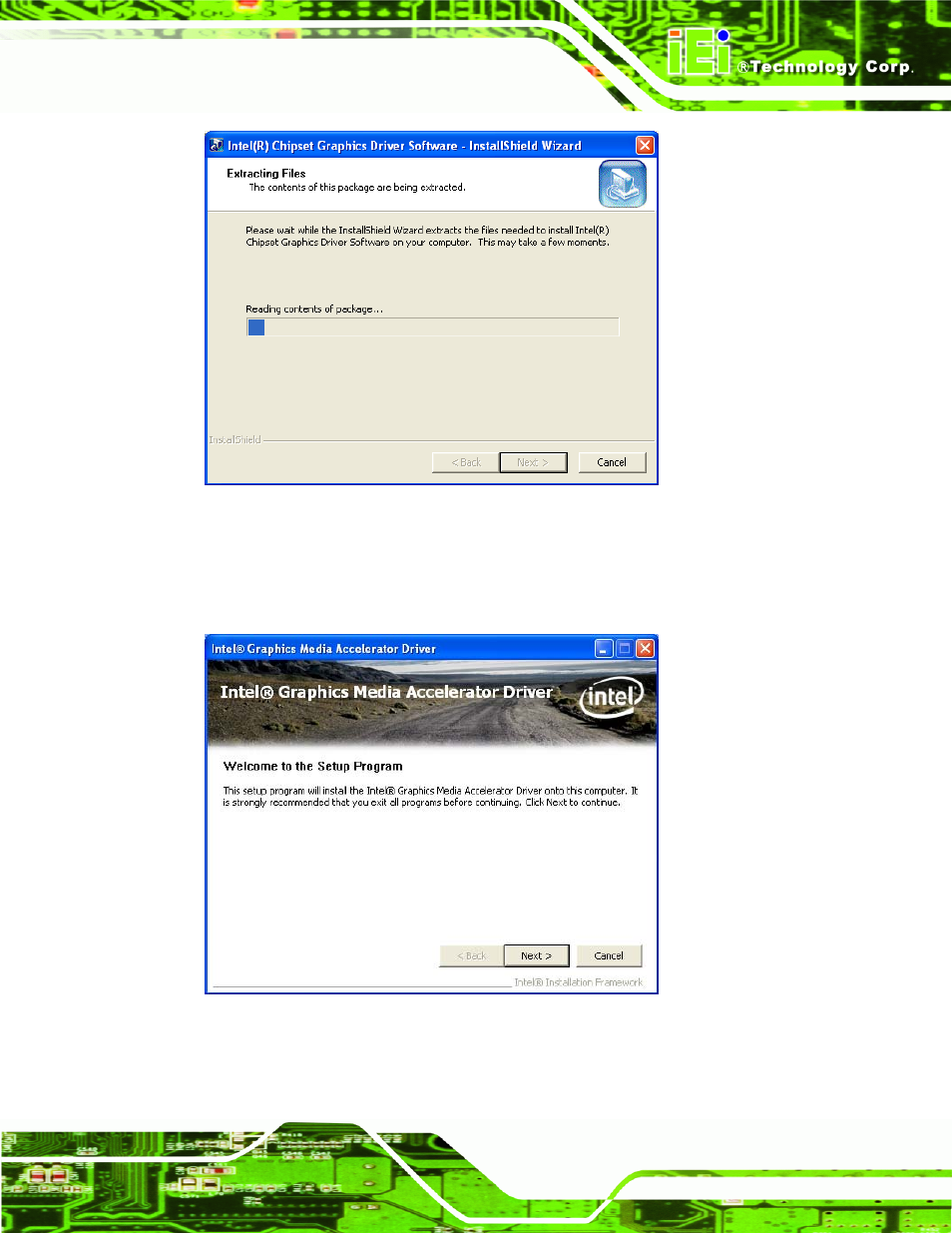 Figure 7-8: graphics driver setup files extracted, Figure 7-9: graphics driver welcome screen | IEI Integration AFL2-12A-HM65 v1.00 User Manual | Page 115 / 186