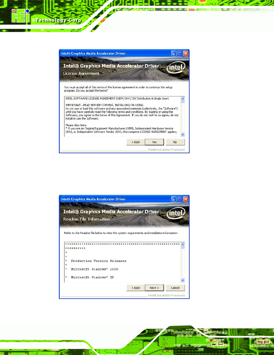 Figure 7-10: graphics driver license agreement, Figure 7-11: graphics driver read me file | IEI Integration AFL2-12A-HM65 v1.00 User Manual | Page 116 / 186