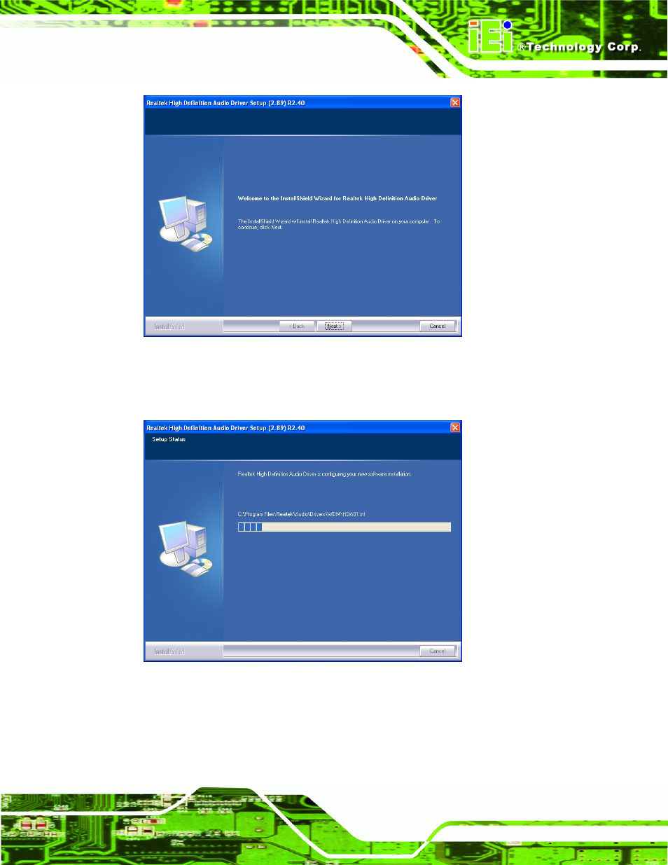 Figure 7-14: audio driver welcome screen, Figure 7-15: audio driver installation | IEI Integration AFL2-12A-HM65 v1.00 User Manual | Page 119 / 186
