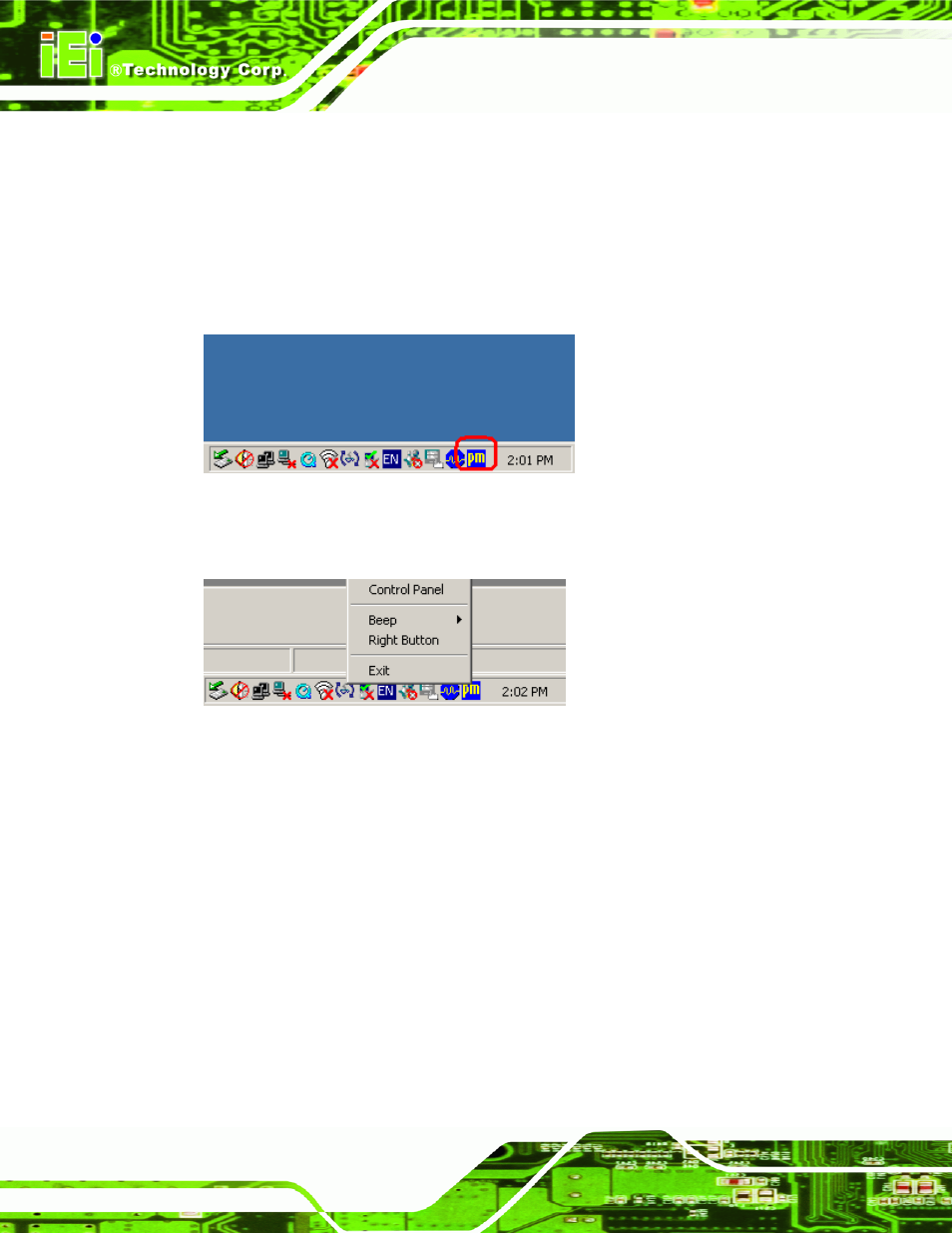 1 calibrating the touch screen, Figure 7-22: penmount monitor icon, Figure 7-23: penmount monitor popup menu | IEI Integration AFL2-12A-HM65 v1.00 User Manual | Page 124 / 186