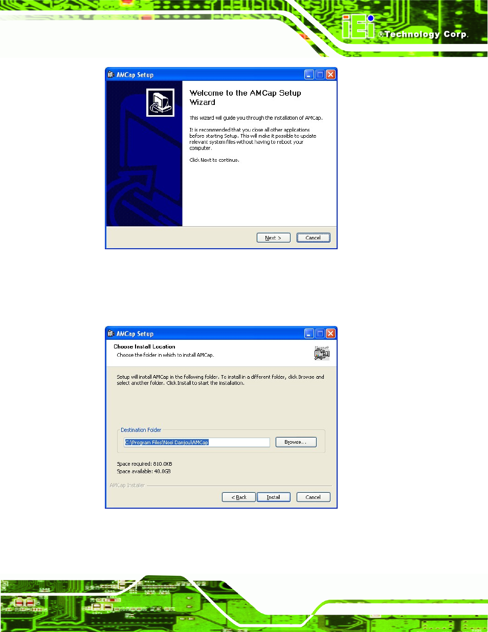 Figure 7-27: amcap driver welcome screen, Figure 7-28: amcap driver choose install location | IEI Integration AFL2-12A-HM65 v1.00 User Manual | Page 127 / 186