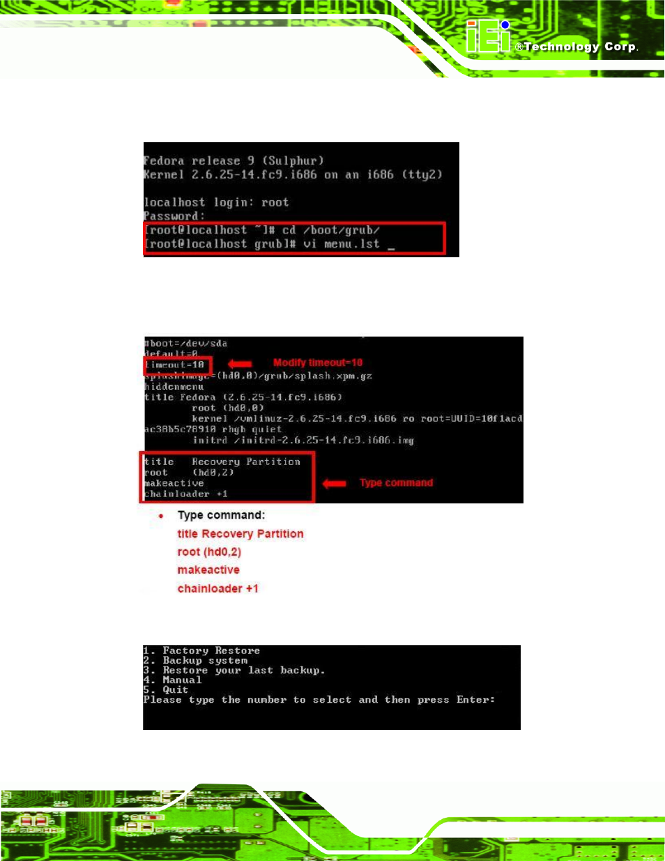 Figure c-31: access menu.lst in linux (text mode), Figure c-32: recovery tool menu | IEI Integration AFL2-12A-HM65 v1.00 User Manual | Page 163 / 186