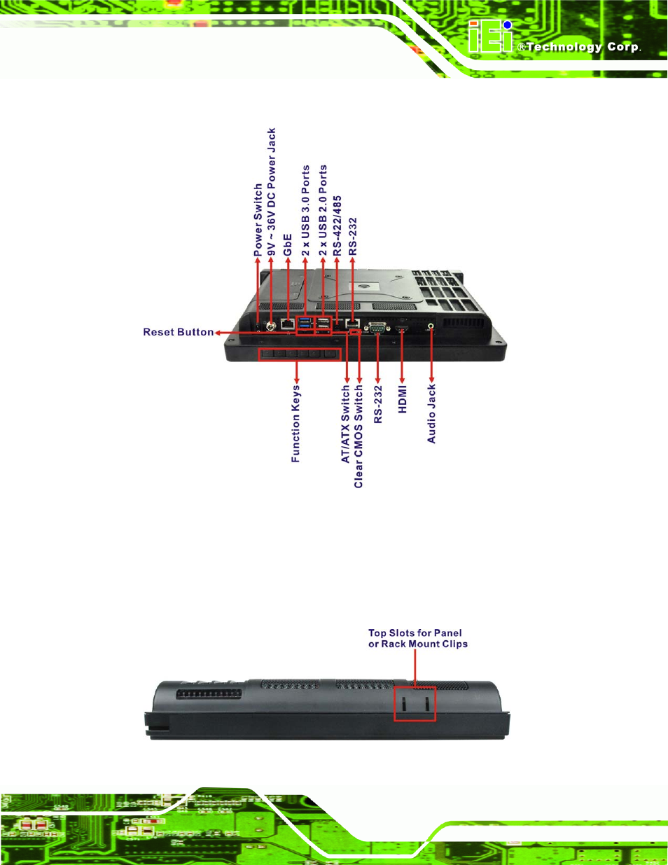 4 top panel and side panels, Figure 1-6: afl2-12a-hm65 i/o interface panel, Figure 1-7: top panel view | IEI Integration AFL2-12A-HM65 v1.00 User Manual | Page 23 / 186