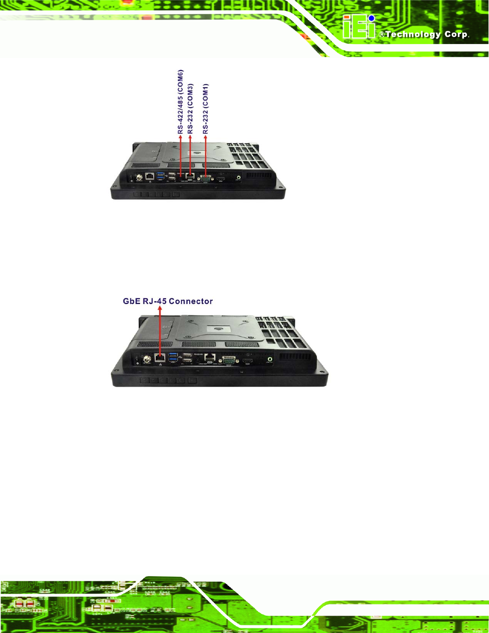 2 lan connectivity, 3 external usb connectors, Figure 2-3: com ports | Figure 2-4: rj-45 ethernet connectors | IEI Integration AFL2-12A-HM65 v1.00 User Manual | Page 31 / 186
