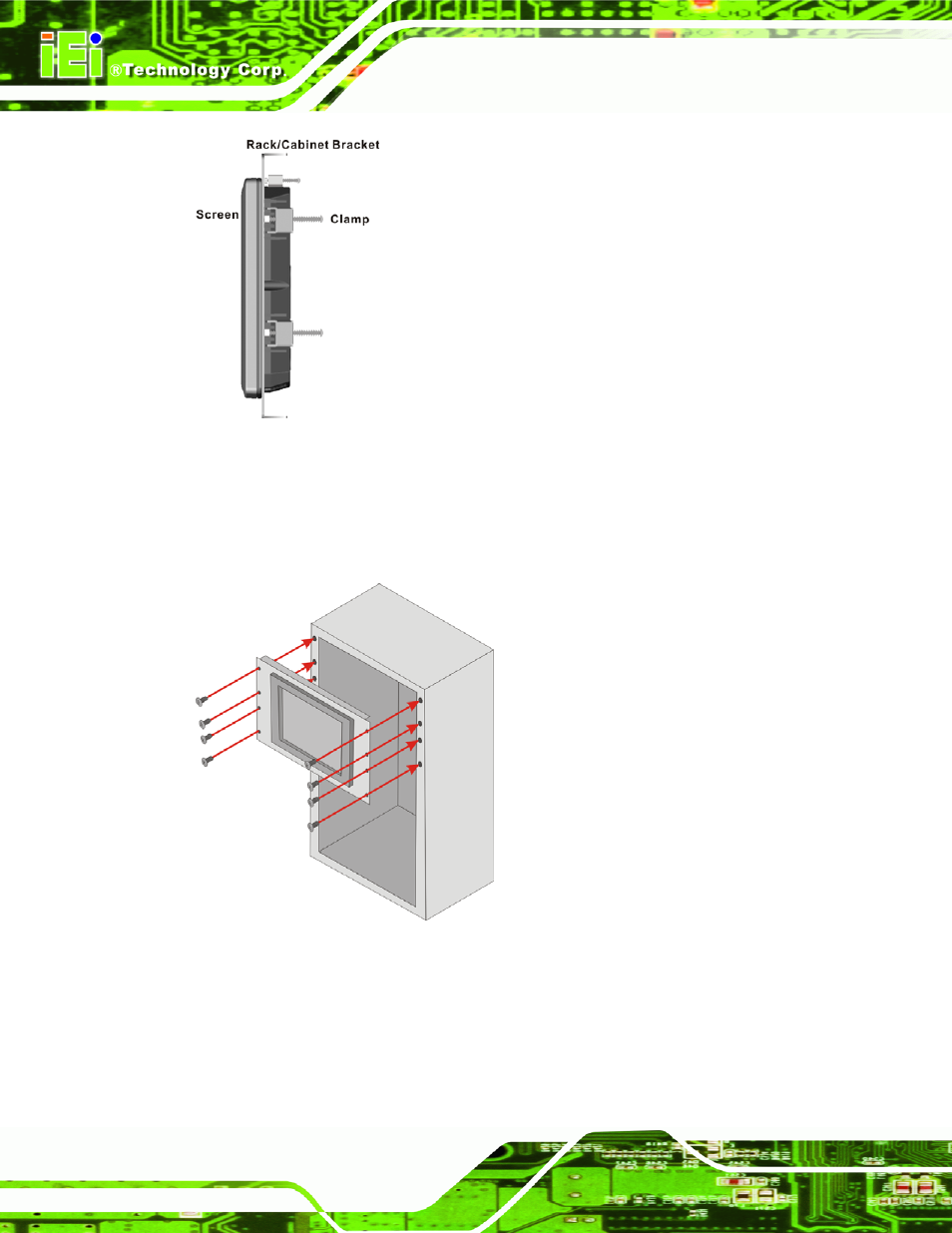 Figure 4-13: secure the rack/cabinet bracket, Figure 4-14: install into a rack/cabinet | IEI Integration AFL2-12A-HM65 v1.00 User Manual | Page 54 / 186