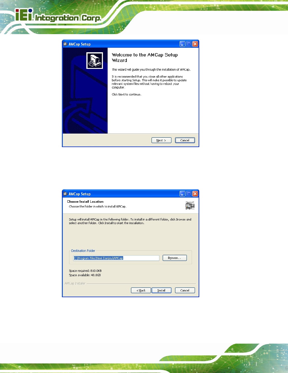 Figure 7-27: amcap driver welcome screen, Figure 7-28: amcap driver choose install location | IEI Integration AFL2-12A-D525 User Manual | Page 122 / 180