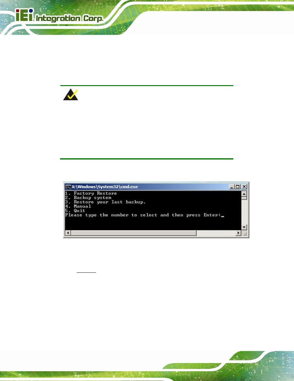 C.1 one key recovery introduction, Ecovery, Ntroduction | Figure c-1: iei one key recovery tool menu | IEI Integration AFL2-12A-D525 User Manual | Page 134 / 180