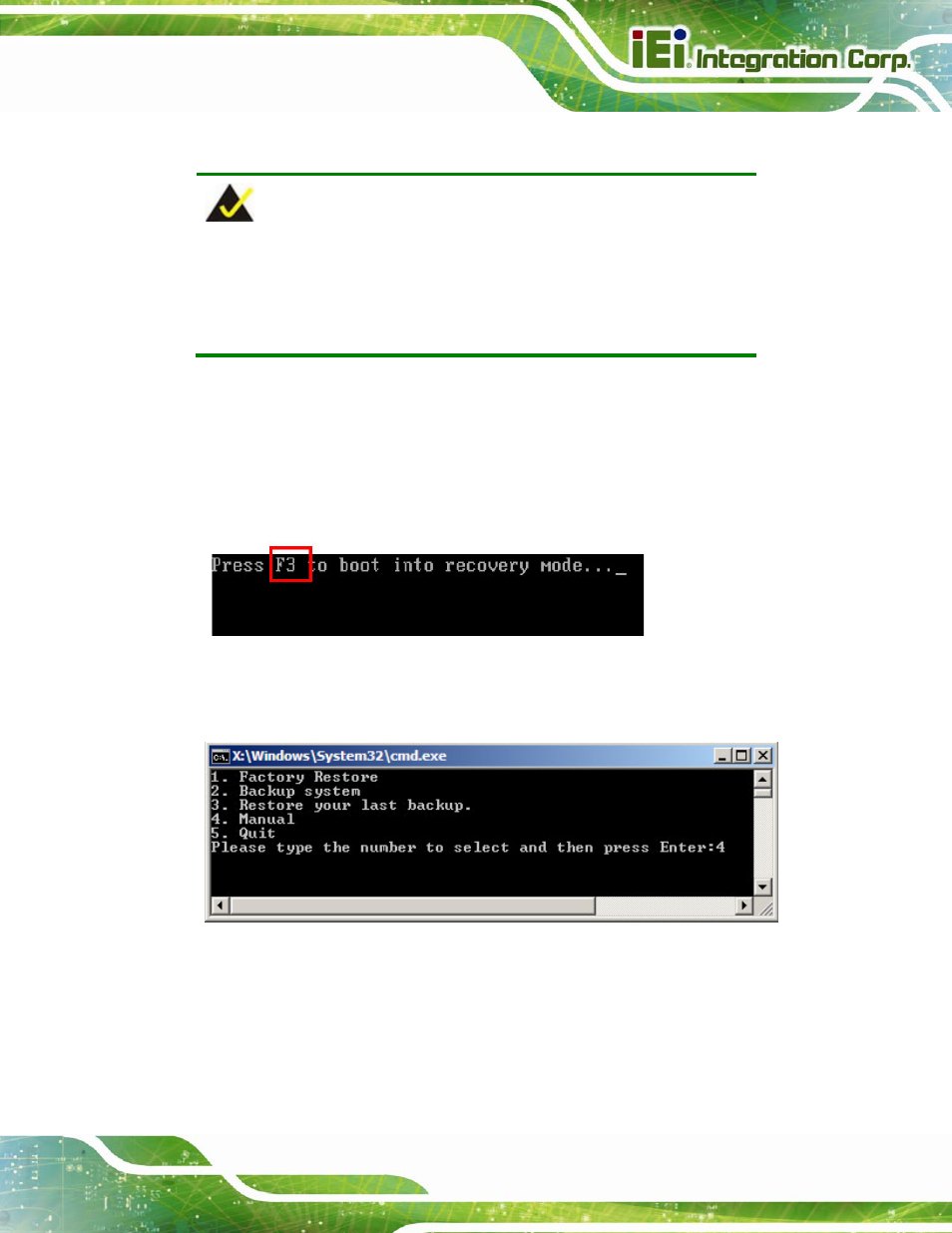 C.2.5 create factory default image, Figure c-10: press f3 to boot into recovery mode, Figure c-11: recovery tool menu | C.2.5 | IEI Integration AFL2-12A-D525 User Manual | Page 145 / 180
