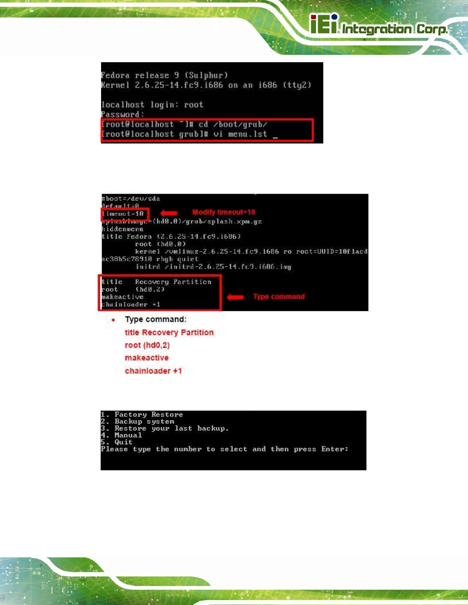 Figure c-31: access menu.lst in linux (text mode), Figure c-32: recovery tool menu | IEI Integration AFL2-12A-D525 User Manual | Page 157 / 180
