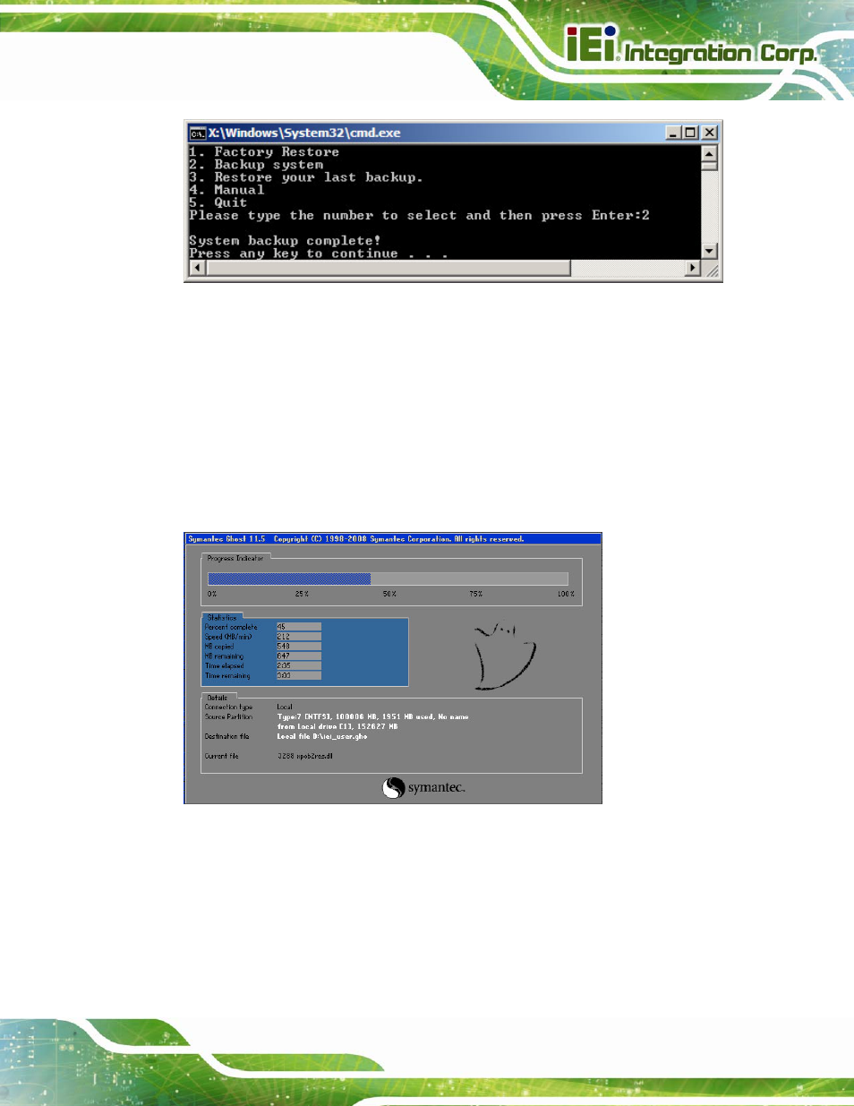C.5.3 restore your last backup, Figure c-37: system backup complete window, Figure c-38: restore backup | IEI Integration AFL2-12A-D525 User Manual | Page 161 / 180