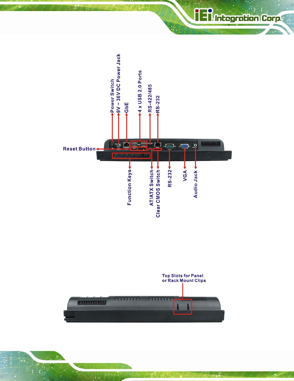 4 top panel and side panels, Figure 1-6: afl2-12a-d525 i/o interface panel, Figure 1-7: top panel view | IEI Integration AFL2-12A-D525 User Manual | Page 23 / 180