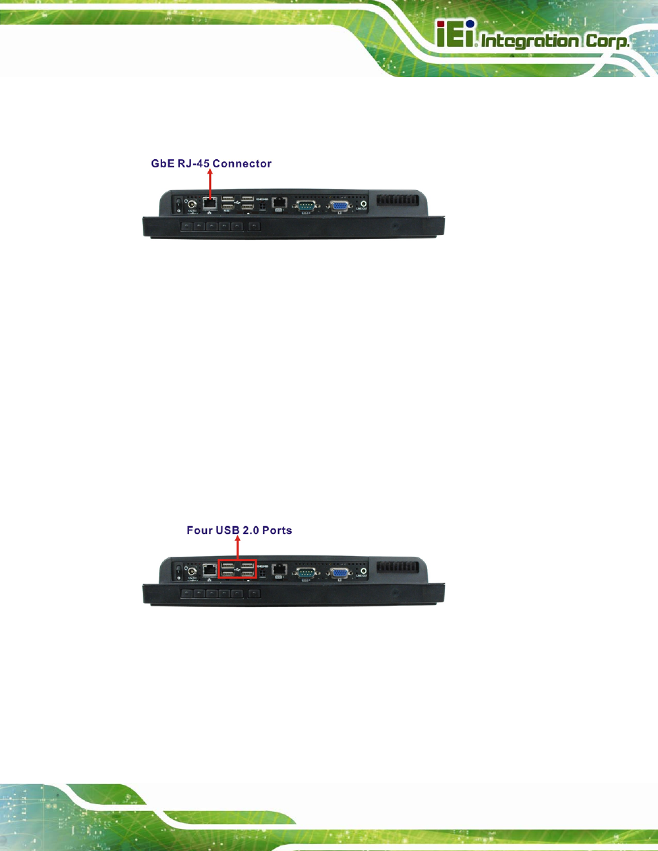 2 lan connectivity, 3 external usb connectors, 5 touchscreen lcd | 1 monitor, Ouchscreen, Figure 2-4: rj-45 ethernet connectors, Figure 2-5: external usb ports | IEI Integration AFL2-12A-D525 User Manual | Page 31 / 180